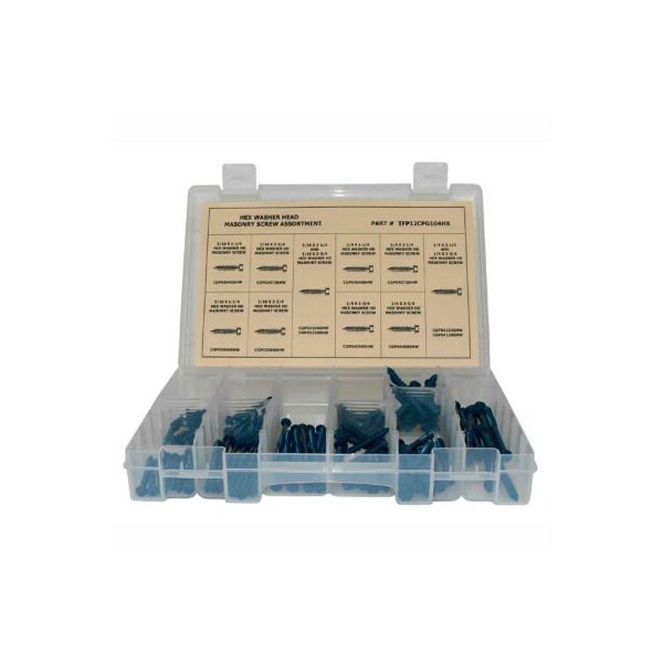160 Piece Concrete Masonry Screw Assortment - No 10 (3/16) to 1/4" - Hex Washer Head - Blue